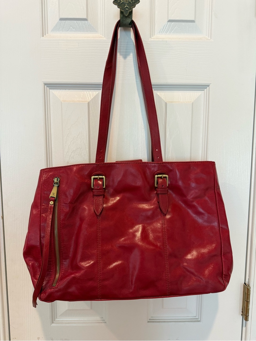 HOBO Red Leather Shoulder Tote with Buckle Accents